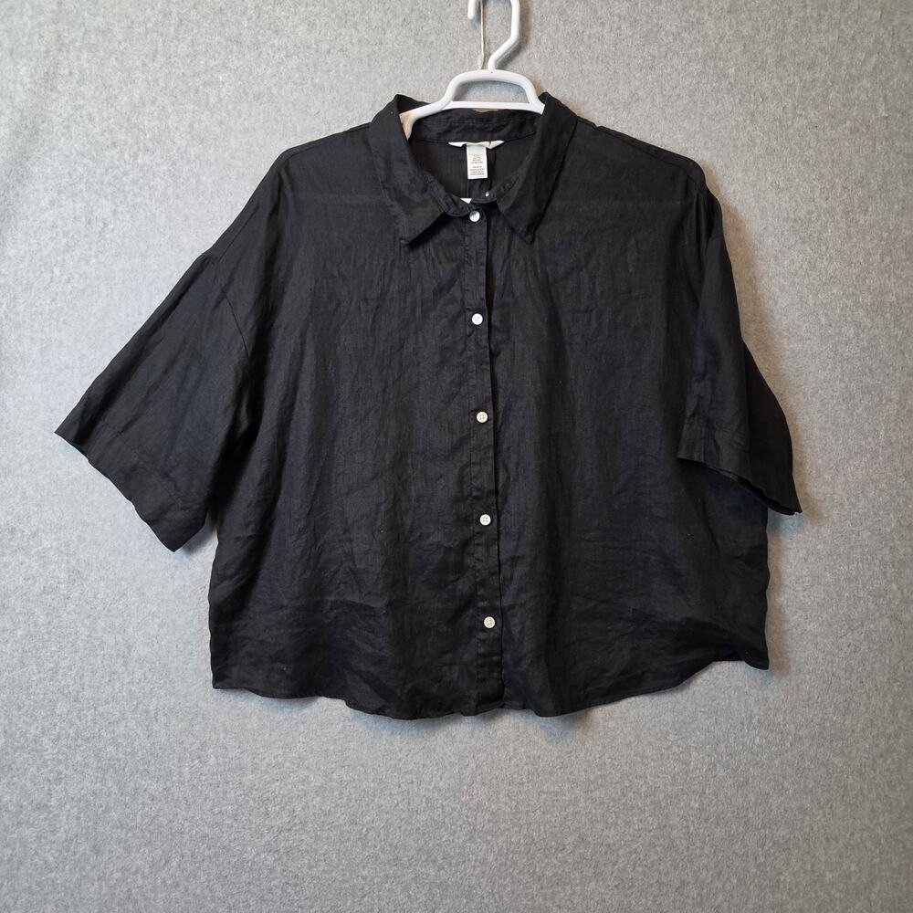 H&M 100% Linen Black SS Cropped Button Up Shirt Women's Plus XXL